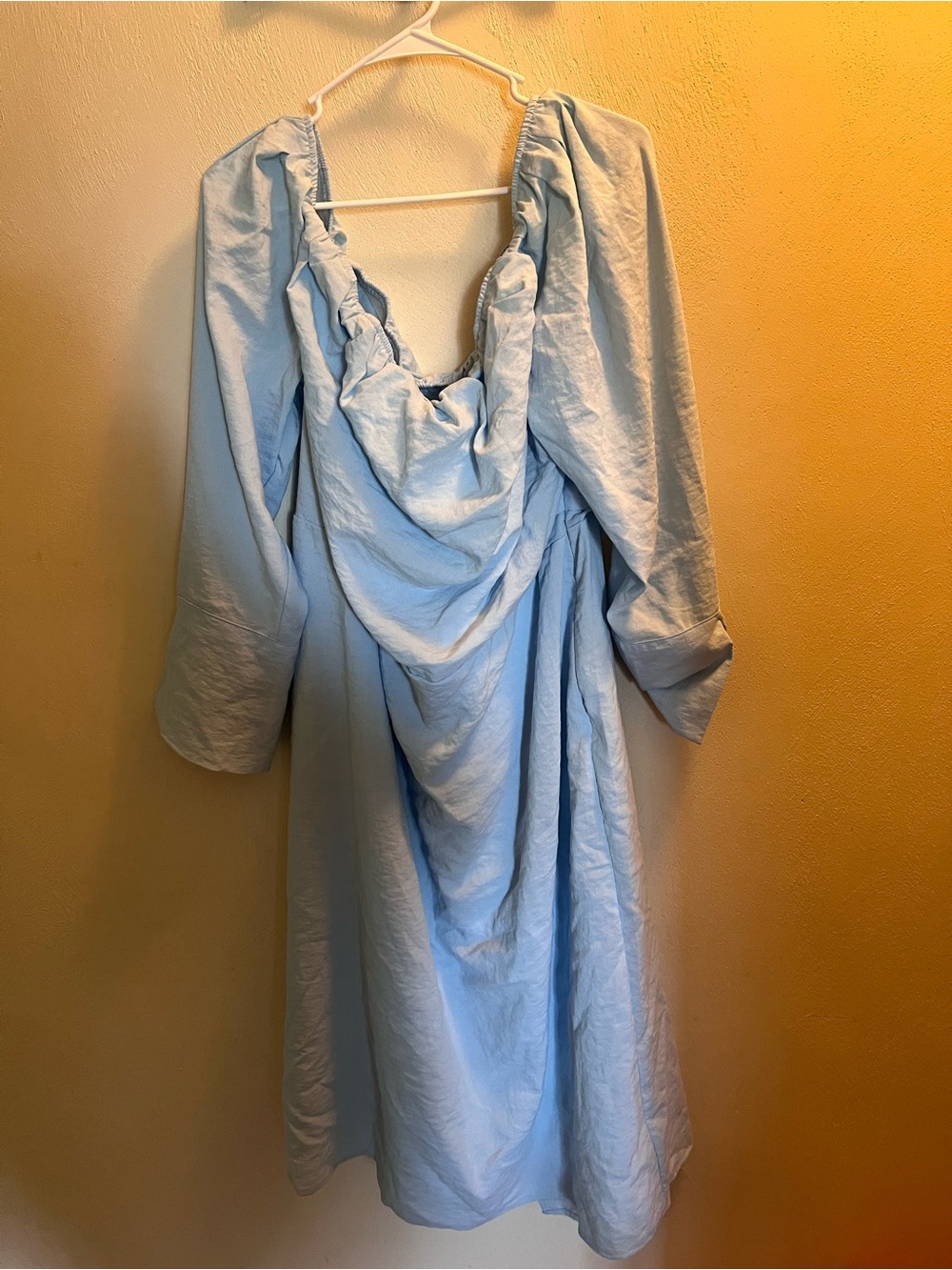 Light Blue Midi Dress with Draped Back and Long Sleeves — Women